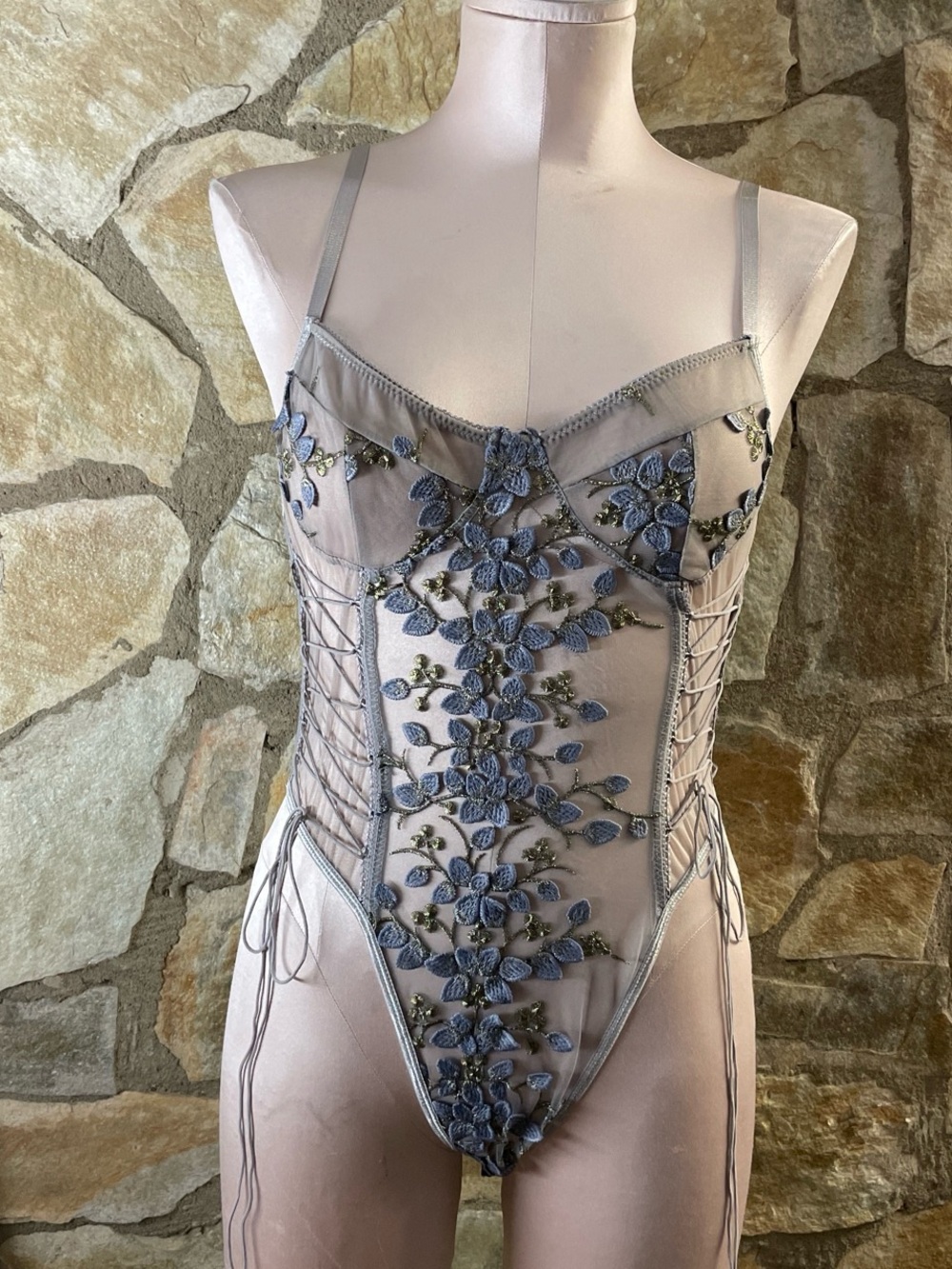 Mesh Embroidered Thong Bodysuit